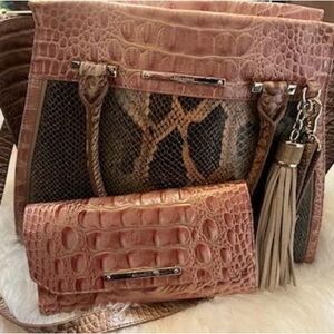 Brahmin Pink and Brown Croc-Embossed Shoulder Bag